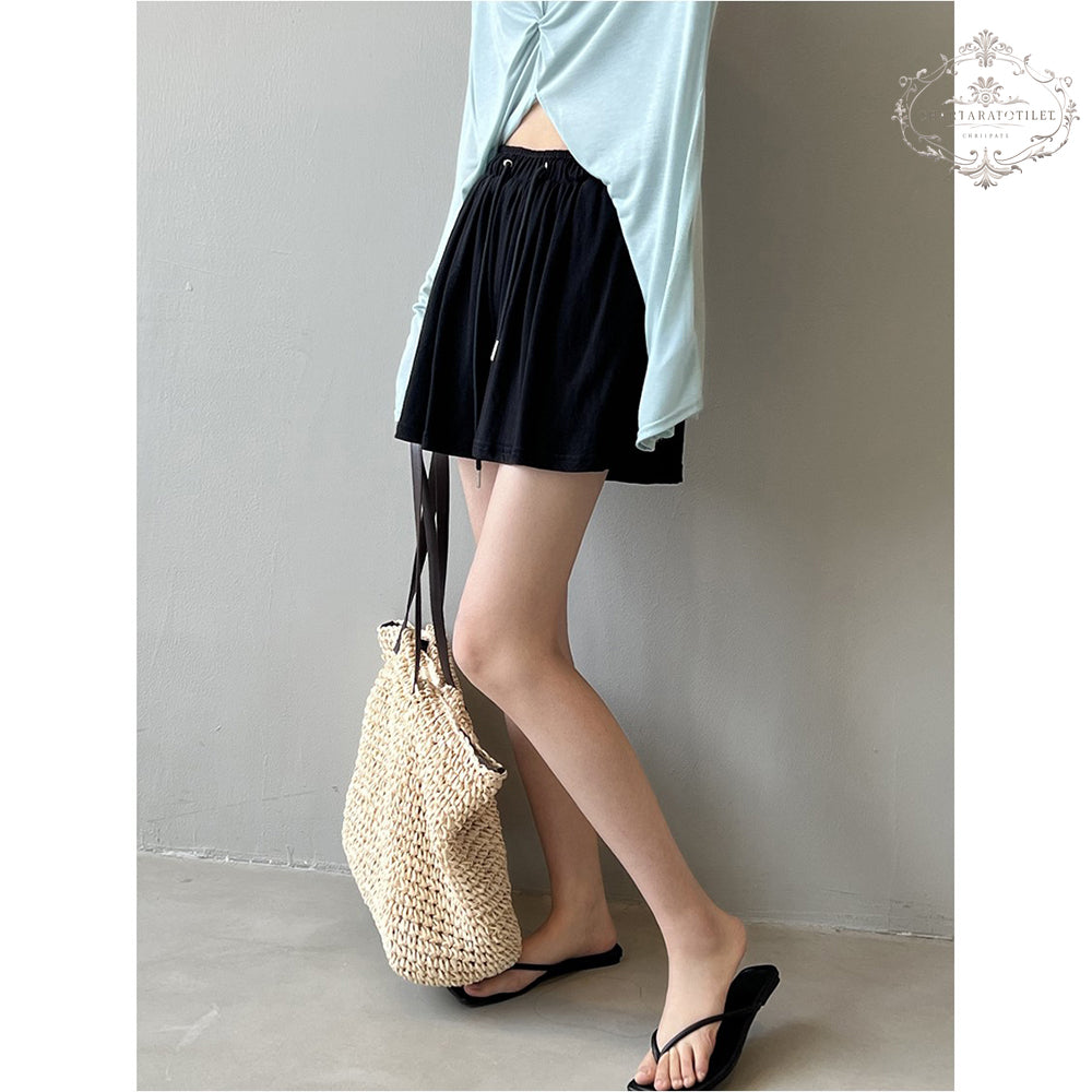 Cool summer retro simple drawstring shorts A-line hem loose shorts [CHOR10]