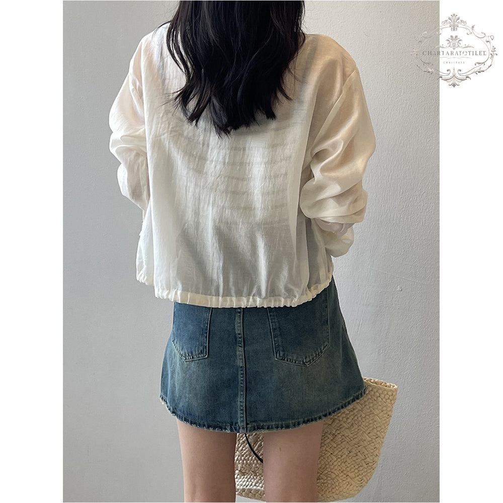 Korean drawstring design Tencel shirt metallic cold strap Tencel top [CHSH117]