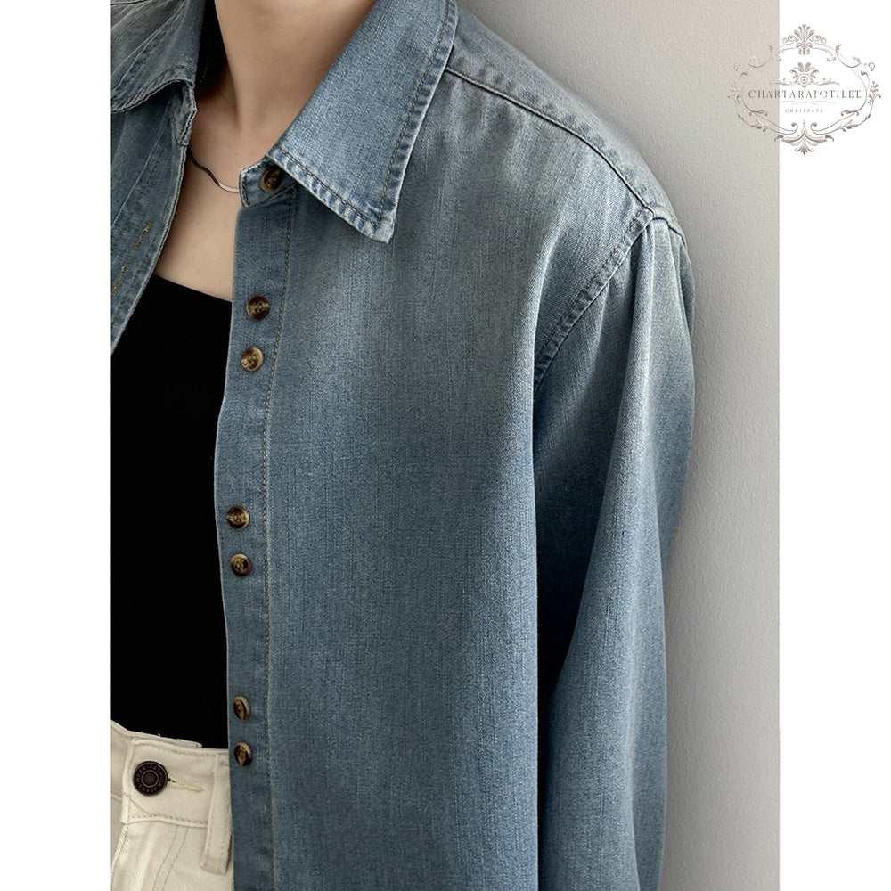 Lapel light indigo denim shirt, pure cotton, comfortable, loose and versatile [CHT25]