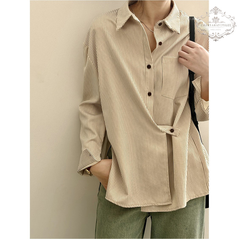 Age-reducing French striped shirt folded long-sleeved shirt [CHSH112]