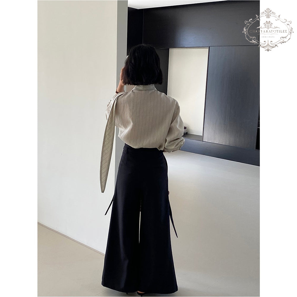 Heavy industry spring and summer suit material floor-length trousers with waist rope wide-leg drape floor-length trousers [CHTR29]