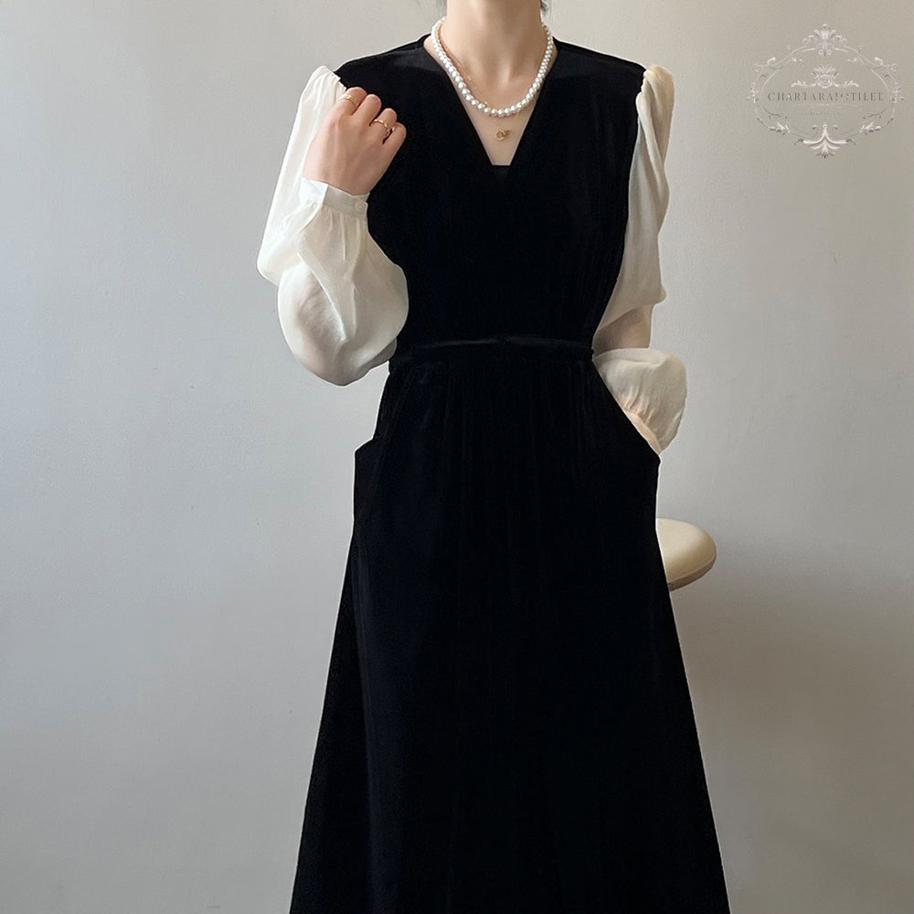 French retro Hepburn style dress with contrasting colors [CHSK133]