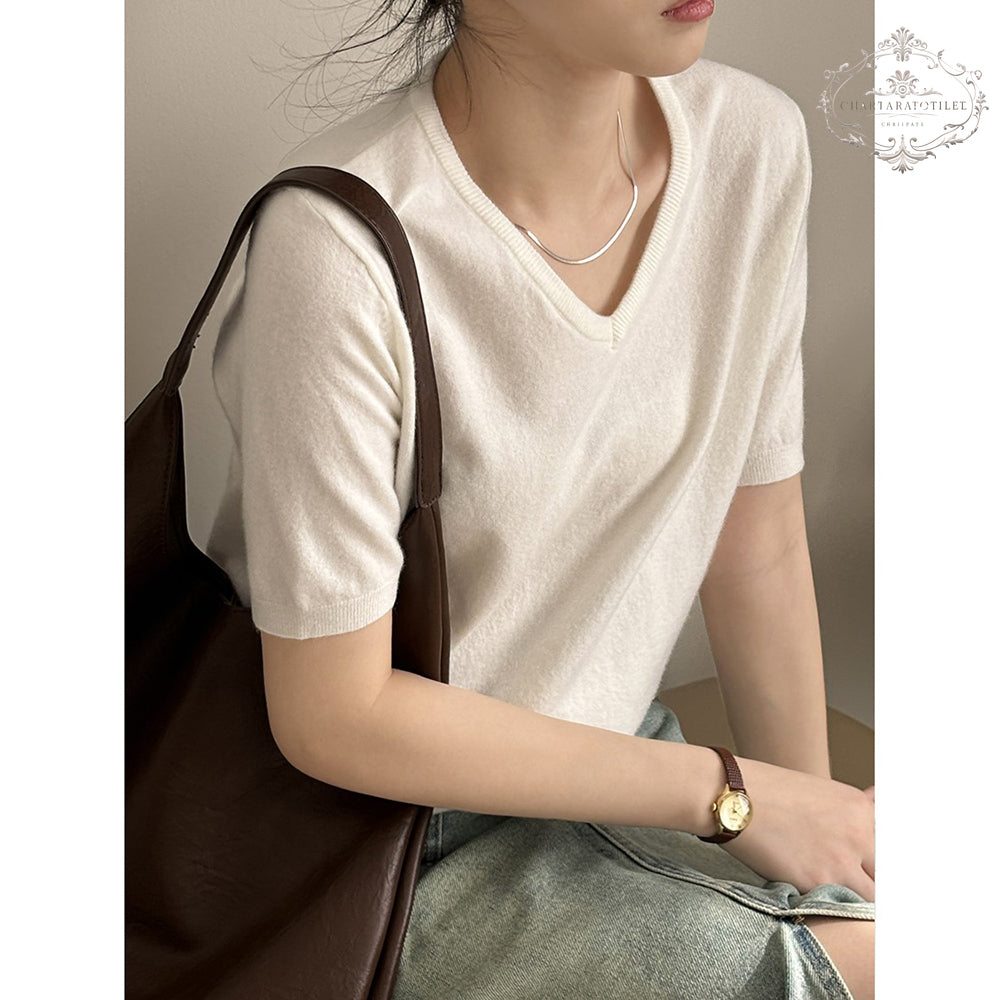 Simple velvet short-sleeved V-neck T spring thin bottoming pullover [CHT24]