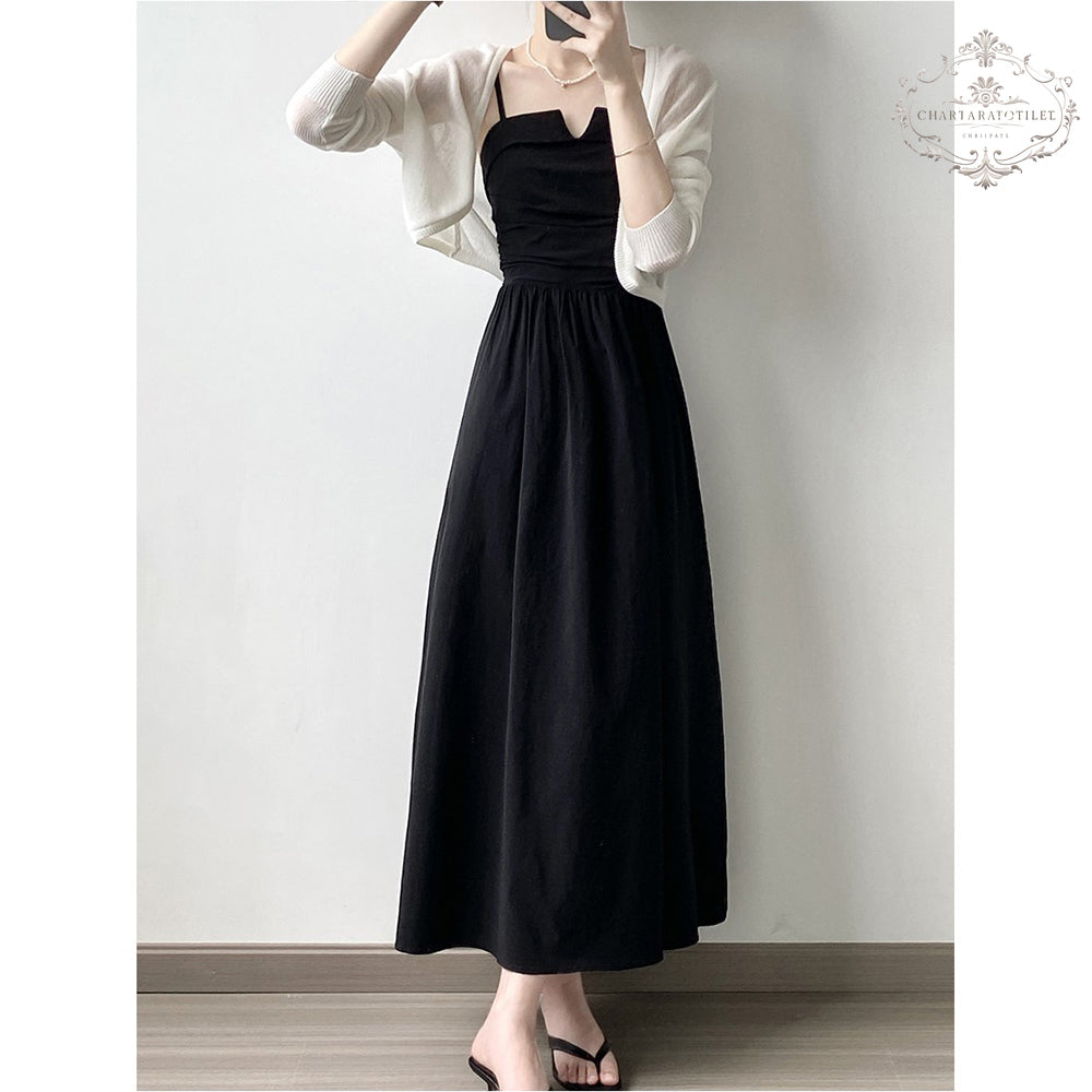 French retro waist-cinching A-line tube top long skirt pleated suspender dress [CHSK140]