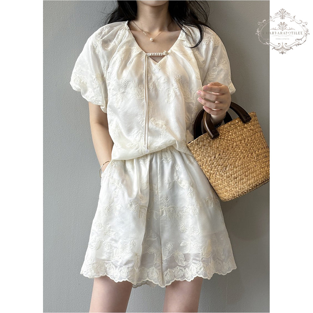 Baroque embroidered puff sleeves V-neck short-sleeved suit short-sleeved palace style Tencel top + shorts two-piece suit Lyocell Tencel suit [CHSH119]