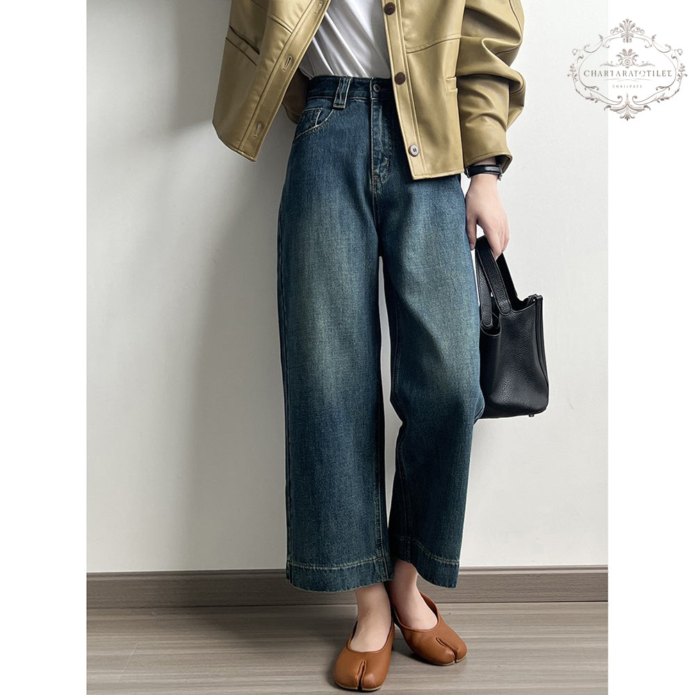 Lady's high-waisted straight-leg nine-point jeans Korean style loose wide-leg pants nine-point long jeans girls' jeans [CHJ11]