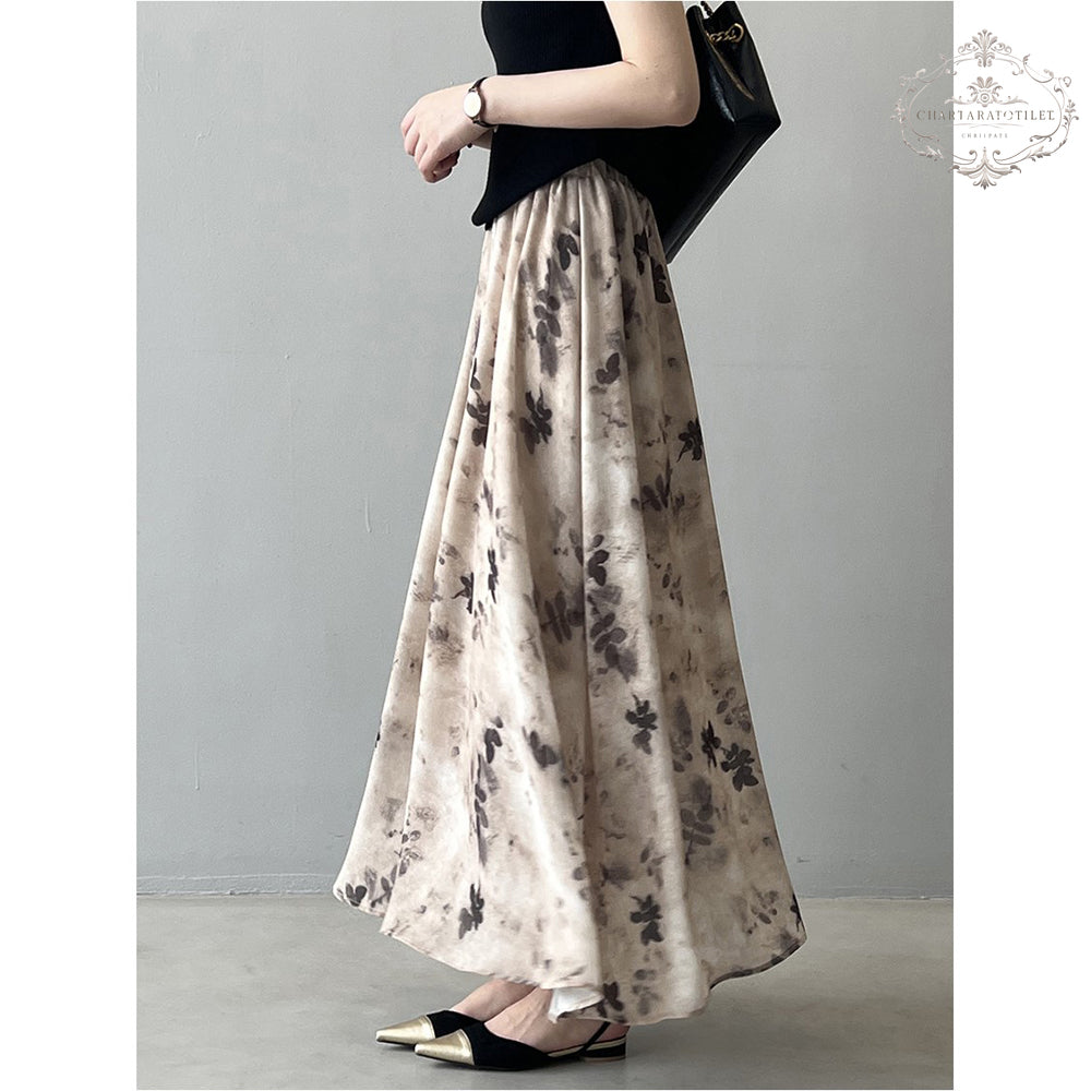 French retro style floral ink smudged skirt literary retro floral skirt CHSK144