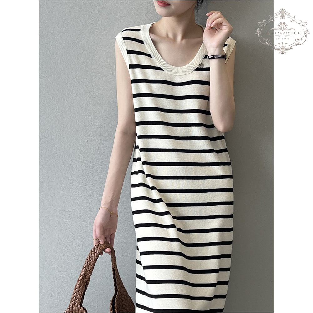 French ice silk sleeveless striped vest dress, elegant and simple style CHSK145