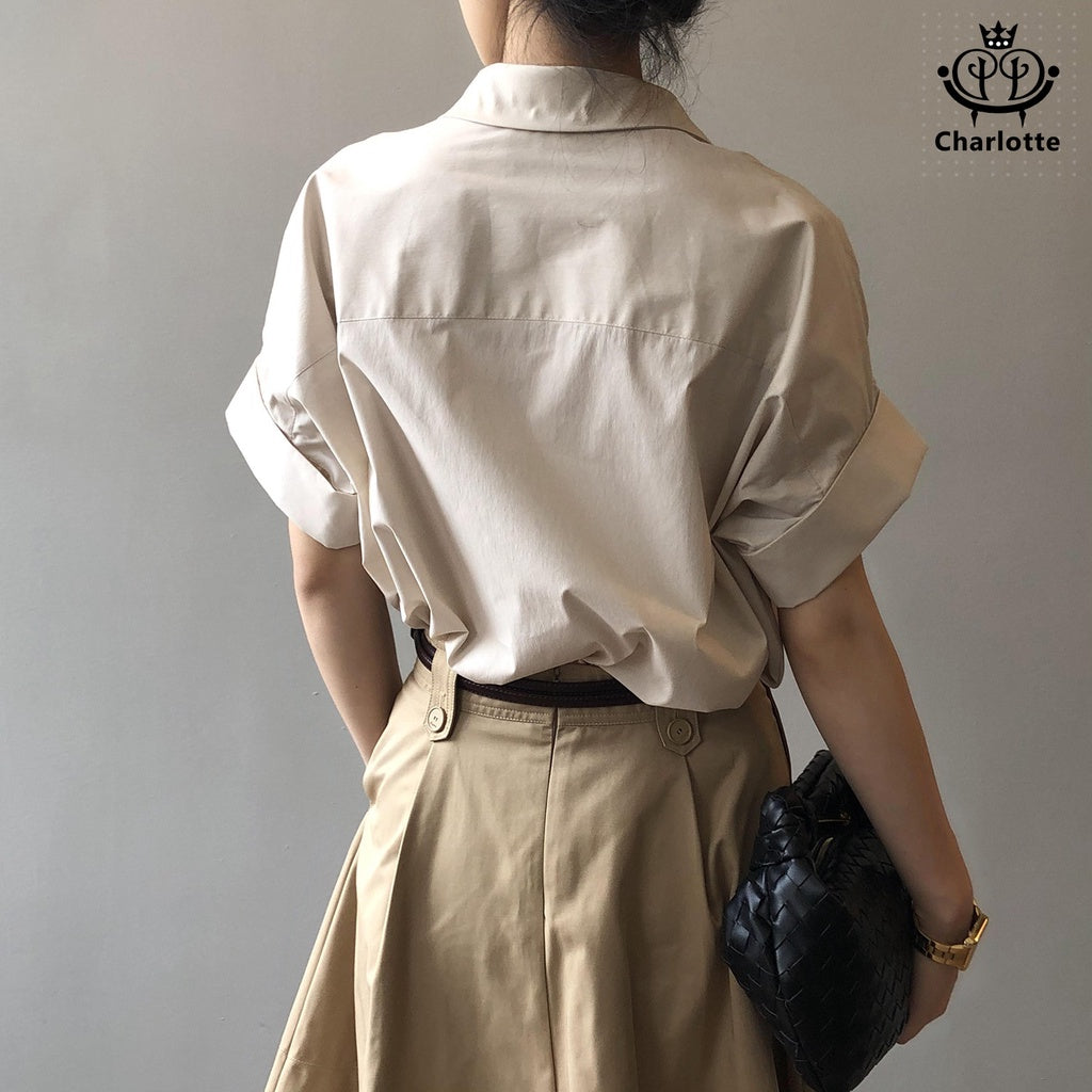 French drape pullover shirt, short-sleeved shirt, V-neck shirt, rolled sleeve shirt [CHSH29]