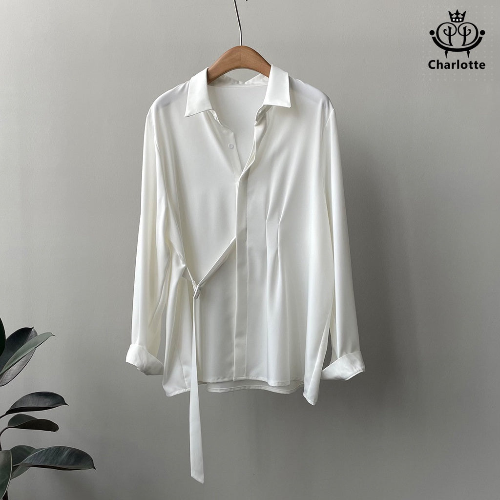 French meteor linen lace-up drape shirt long-sleeved shirt loose and slim shirt [CHSH77]