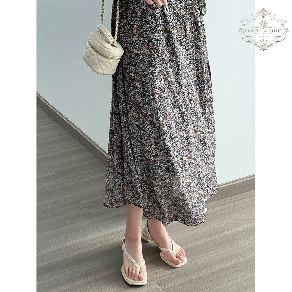 French style floral V-neck dress chiffon puff sleeves [CHSK132]