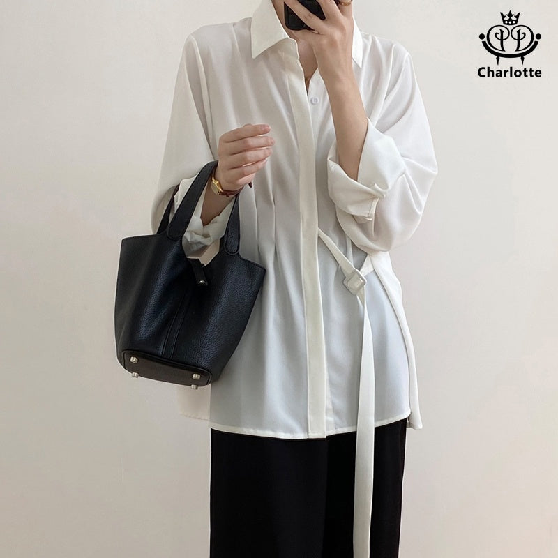 French meteor linen lace-up drape shirt long-sleeved shirt loose and slim shirt [CHSH77]