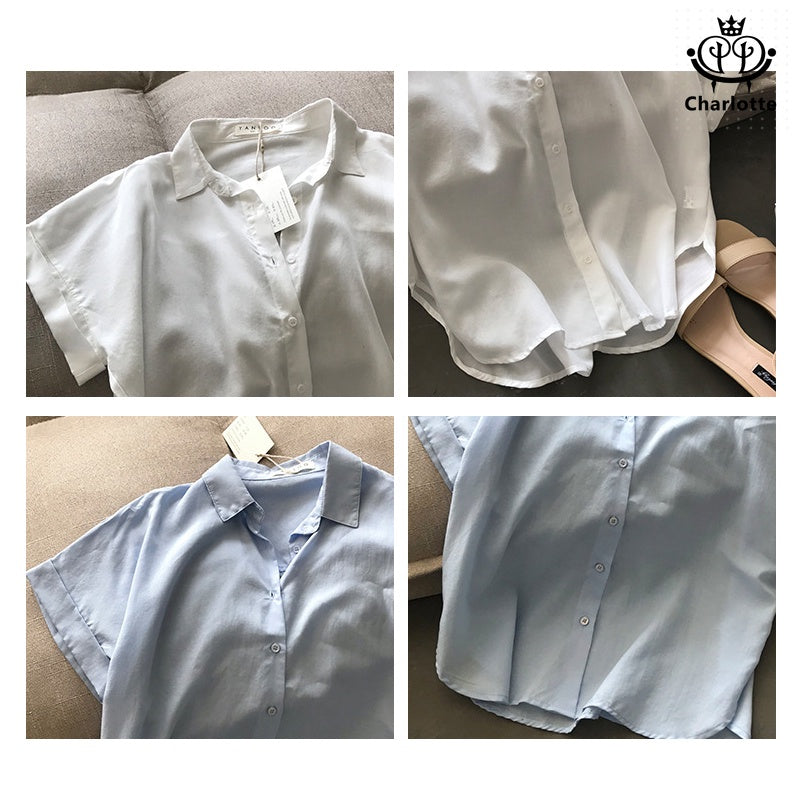 French Tencel linen short-sleeved shirt short-sleeved lapel top Tencel shirt [CHSH27]