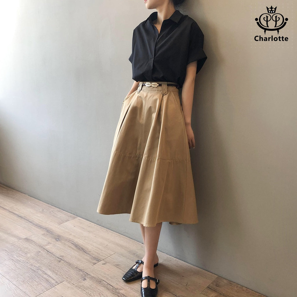 French mid-length princess skirt A-line skirt solid color princess skirt [CHSK33]