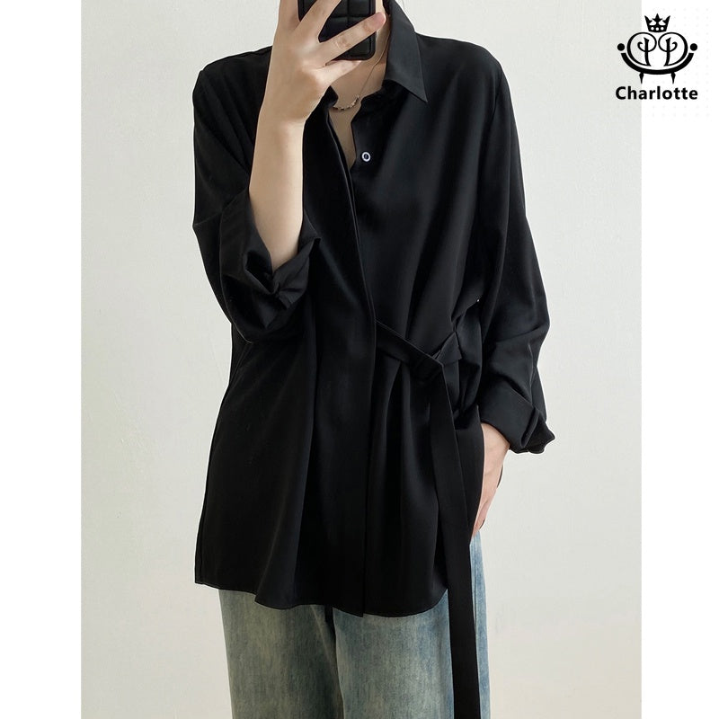 French meteor linen lace-up drape shirt long-sleeved shirt loose and slim shirt [CHSH77]