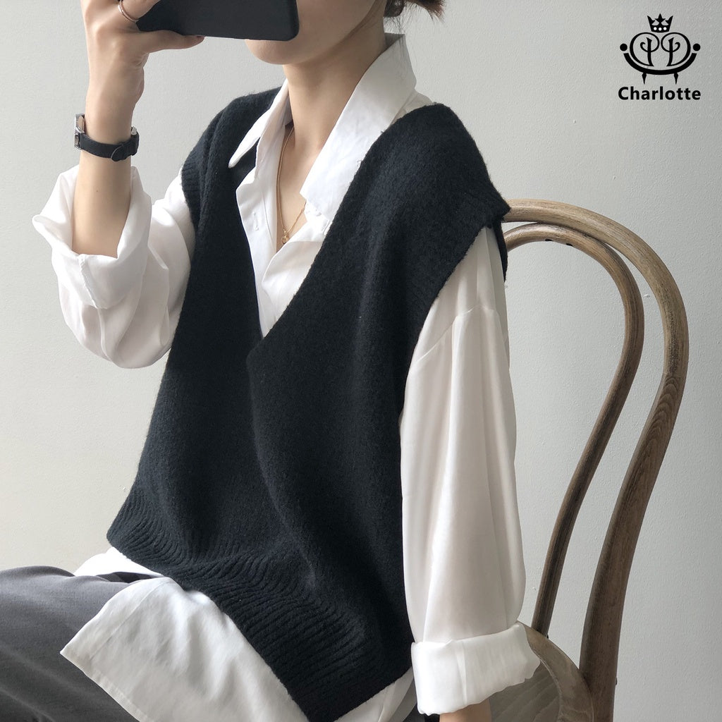 French V-neck loose vest sweater vest knitted vest vest [CHSW17]