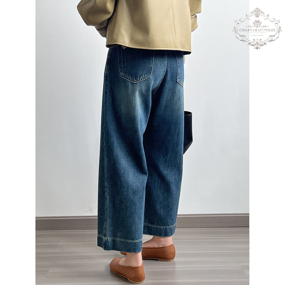 Lady's high-waisted straight-leg nine-point jeans Korean style loose wide-leg pants nine-point long jeans girls' jeans [CHJ11]