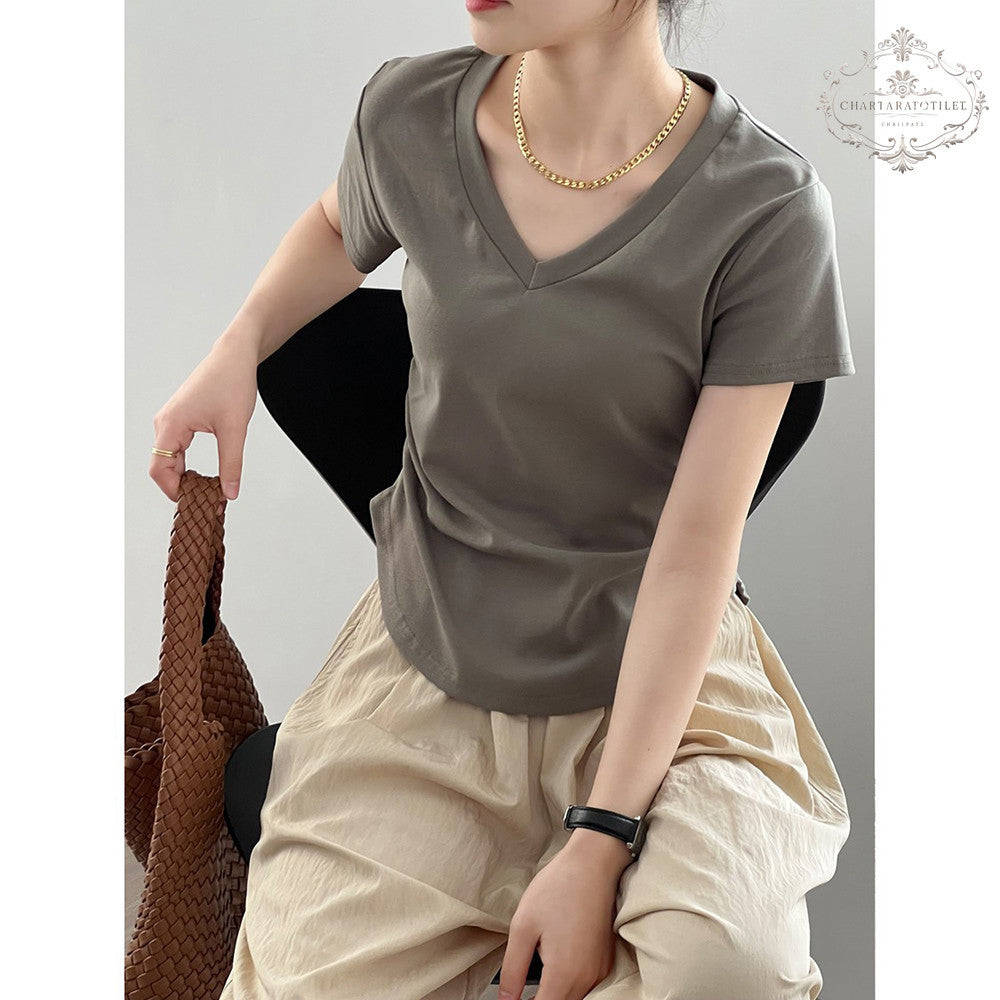 Silo cotton spring and summer pleated V-neck short-sleeved T-shirt for girls, slim waisted short-sleeved top, Korean-style slim-waisted short-sleeved top, moisture-wicking T [CHT27]