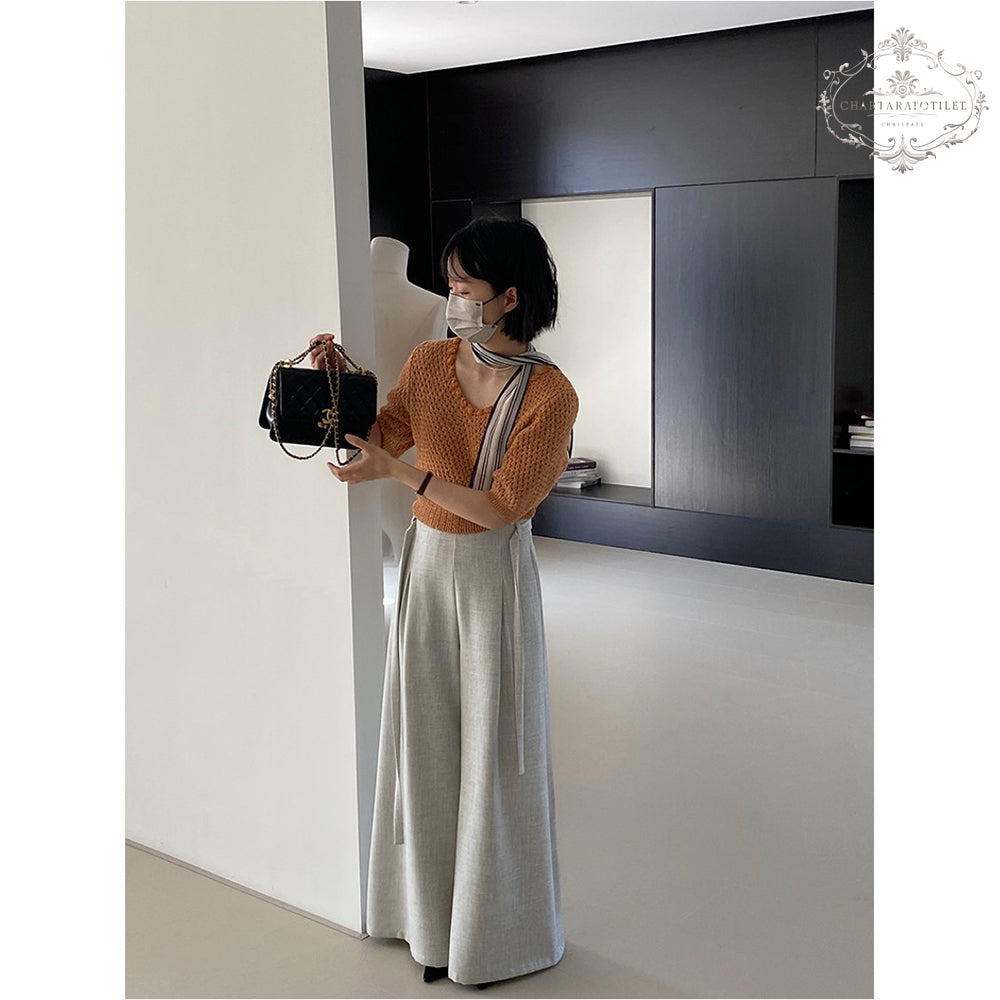 Heavy industry spring and summer suit material floor-length trousers with waist rope wide-leg drape floor-length trousers [CHTR29]