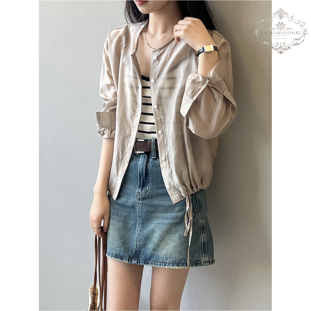 Korean drawstring design Tencel shirt metallic cold strap Tencel top [CHSH117]