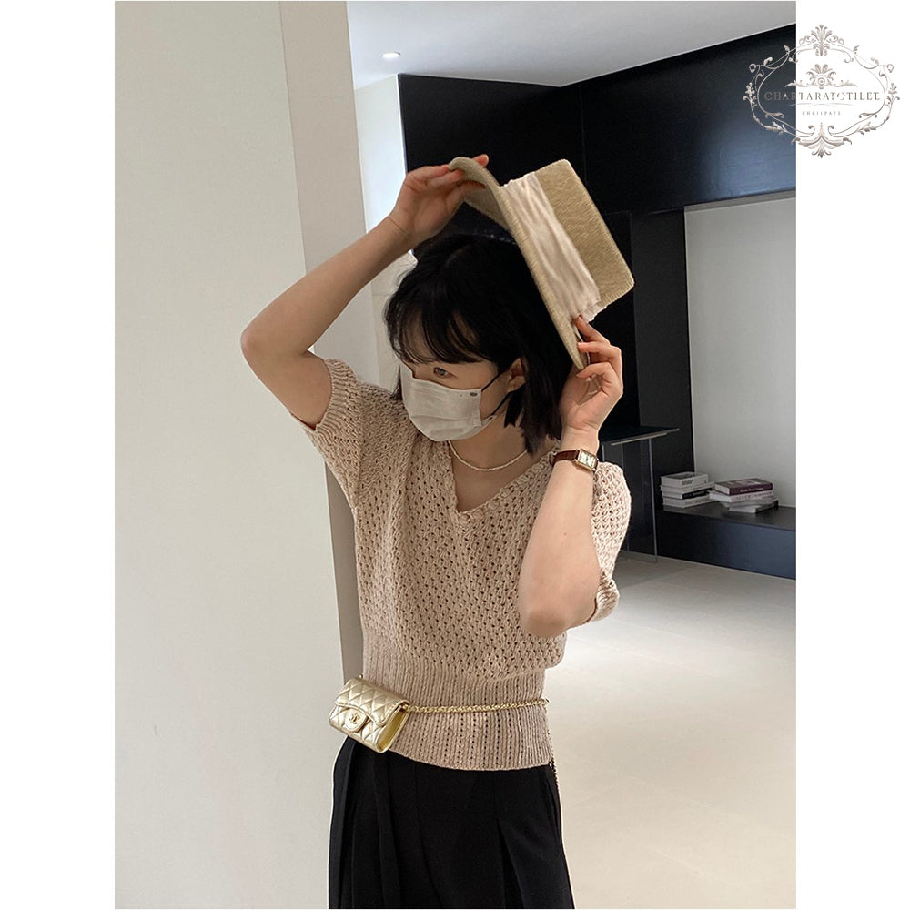 Korean generation handmade lace collar hollow short-sleeved thin sweater V-neck slimming design [CHSW74]