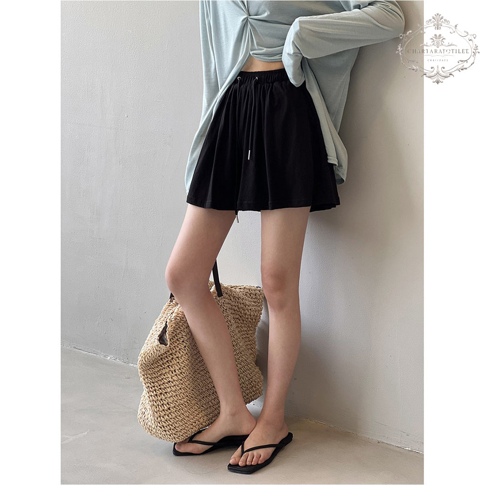 Cool summer retro simple drawstring shorts A-line hem loose shorts [CHOR10]