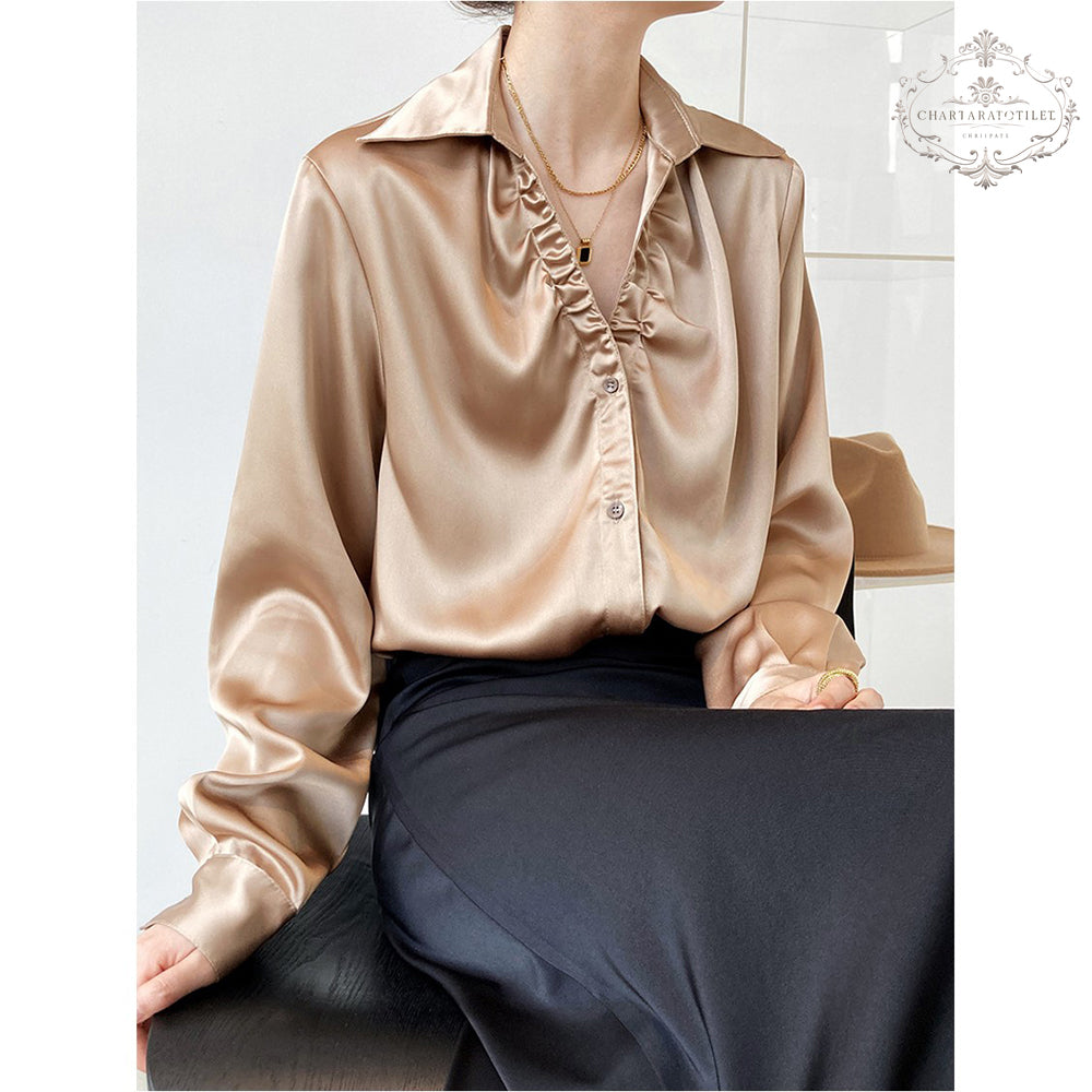 French European and American style lazy satin shirt pleated V-neck long-sleeved shirt [CHSH111]