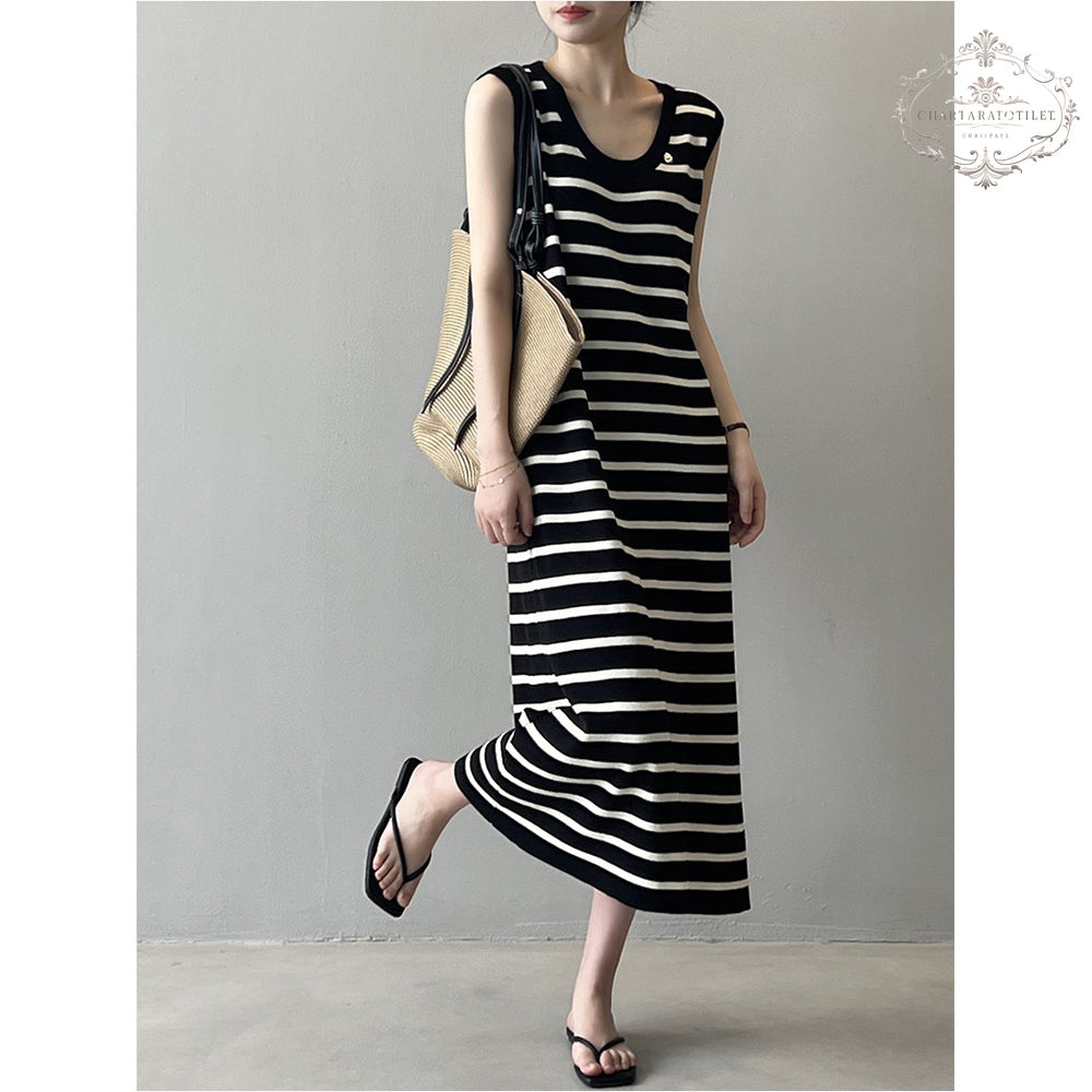 French ice silk sleeveless striped vest dress, elegant and simple style CHSK145