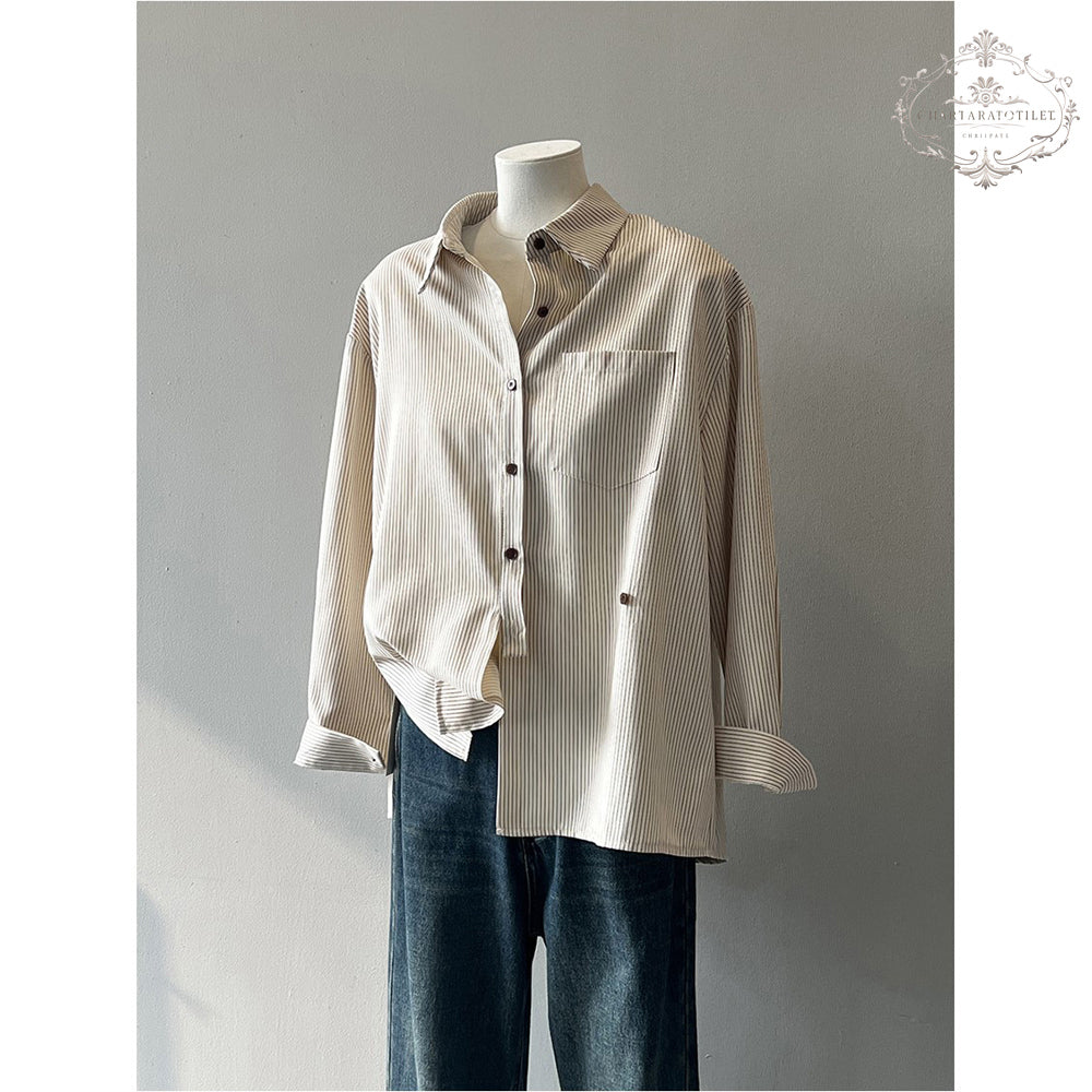 Age-reducing French striped shirt folded long-sleeved shirt [CHSH112]