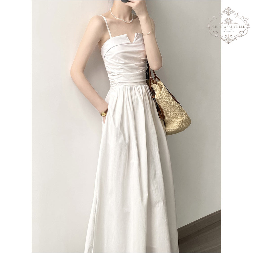 French retro waist-cinching A-line tube top long skirt pleated suspender dress [CHSK140]