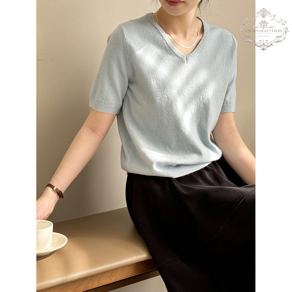 Simple velvet short-sleeved V-neck T spring thin bottoming pullover [CHT24]