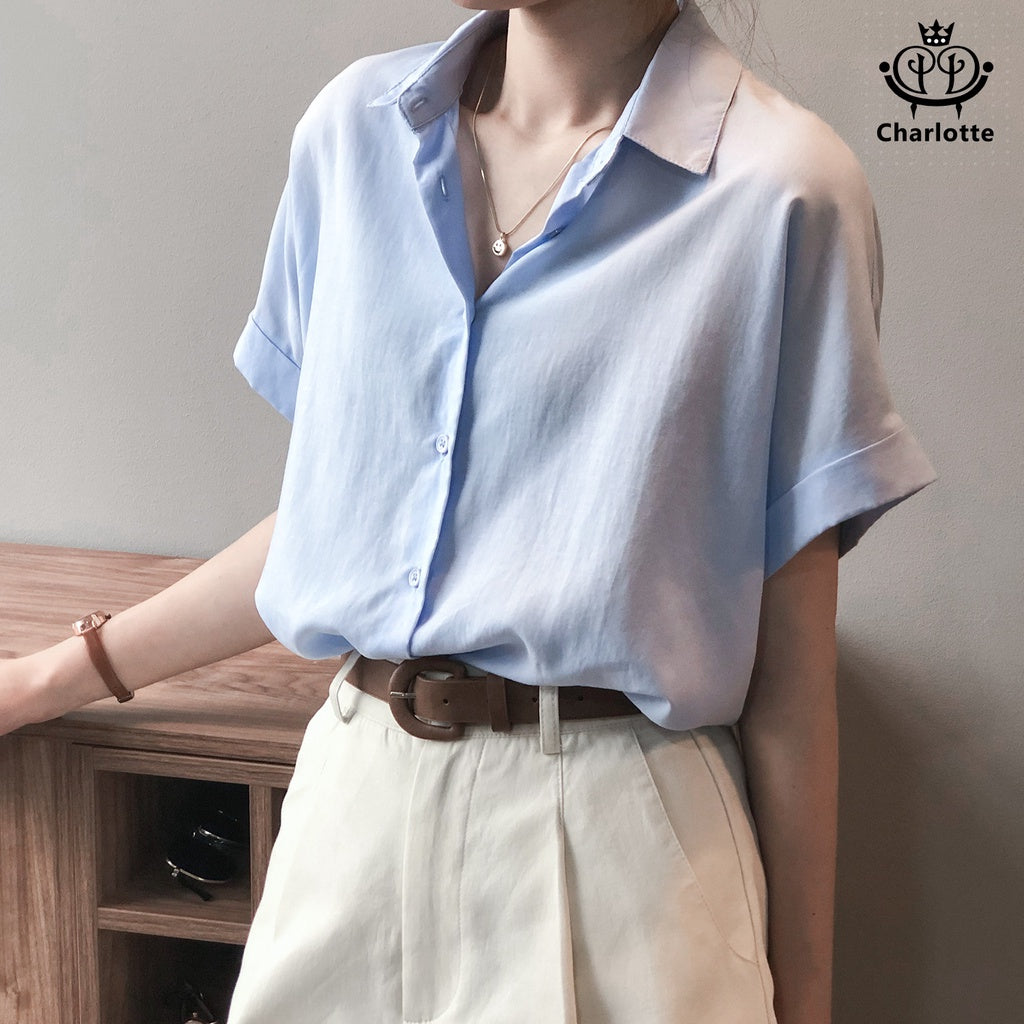 French Tencel linen short-sleeved shirt short-sleeved lapel top Tencel shirt [CHSH27]