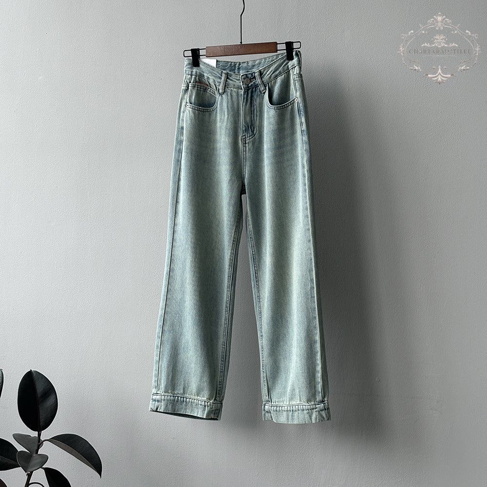 Japanese and Korean casual high-waisted straight jeans cover the flesh and make you look slimmer [CHJ12]