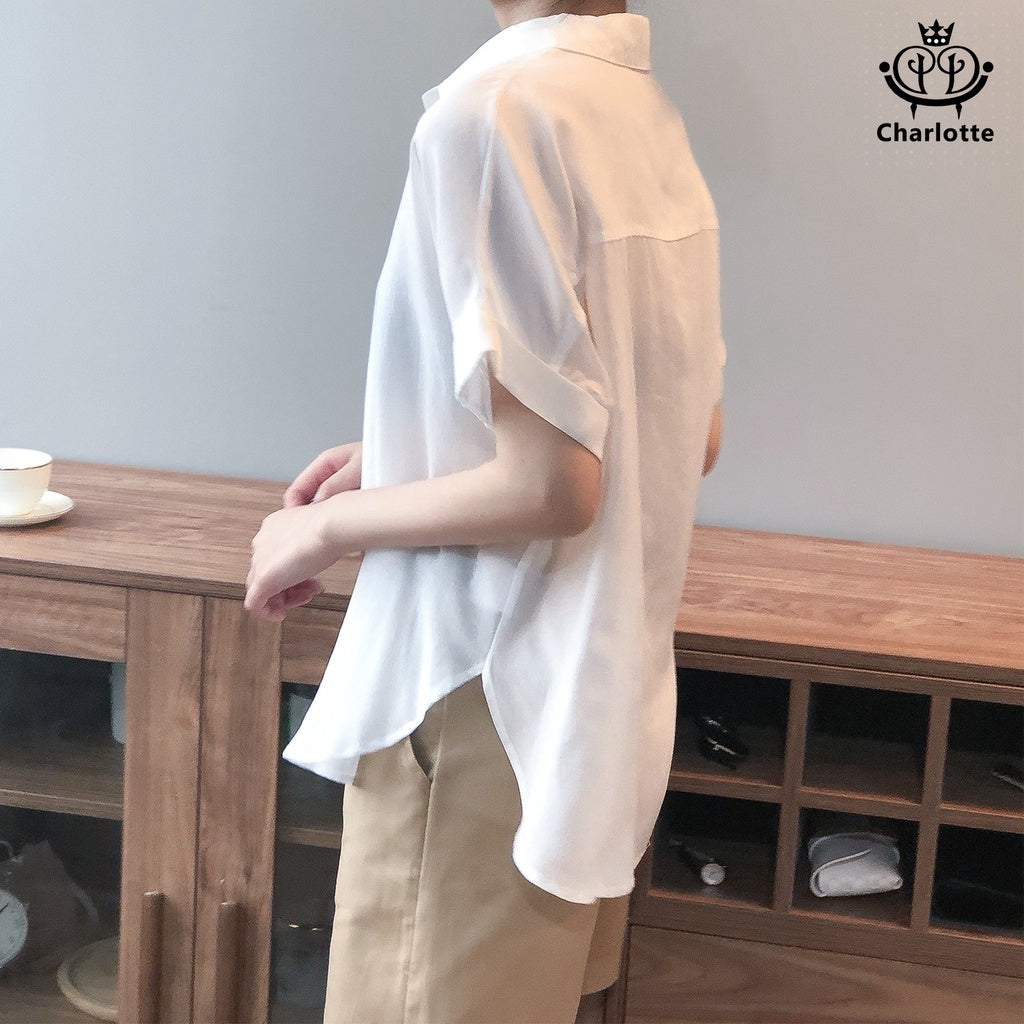 French Tencel linen short-sleeved shirt short-sleeved lapel top Tencel shirt [CHSH27]