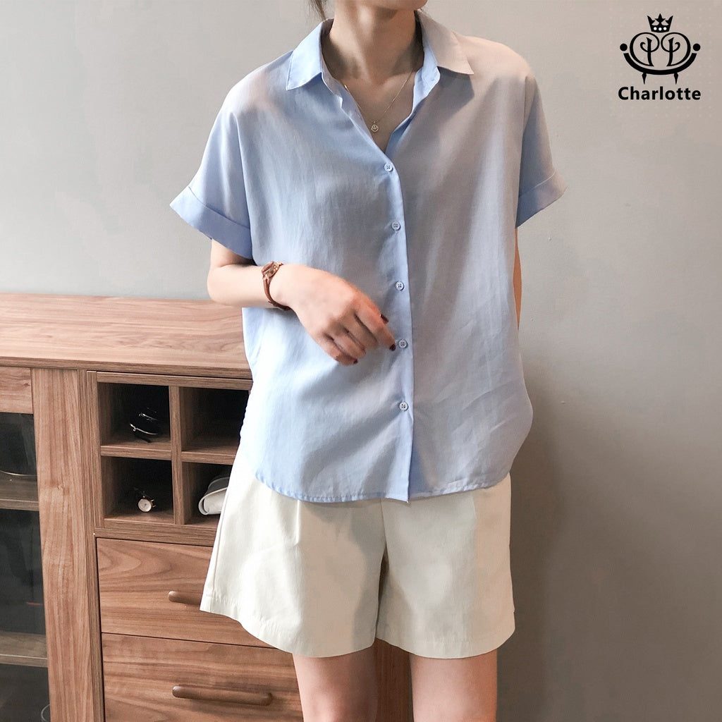 French Tencel linen short-sleeved shirt short-sleeved lapel top Tencel shirt [CHSH27]