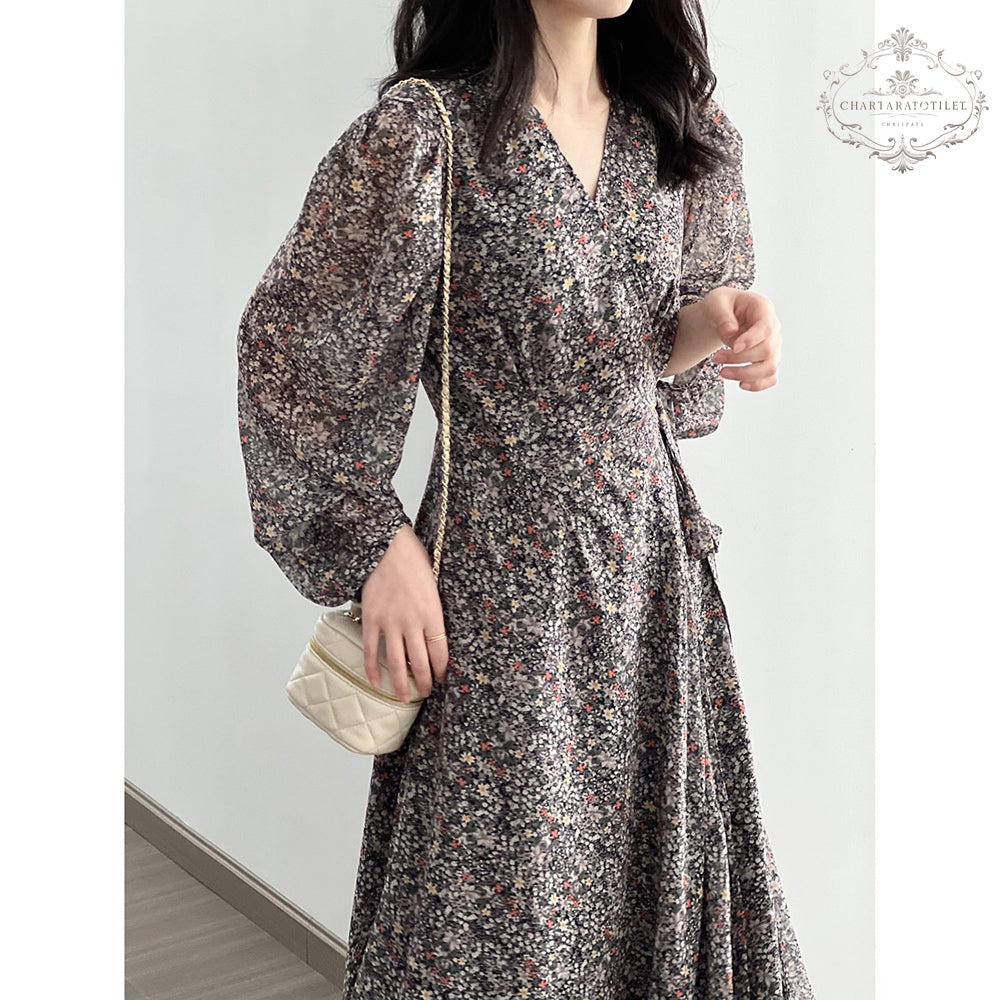 French style floral V-neck dress chiffon puff sleeves [CHSK132]