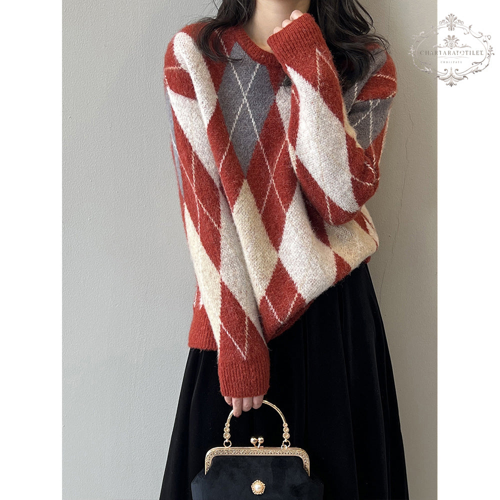 French festive New Year atmosphere sweater winter rhombus round neck knitted top [CHSW71]