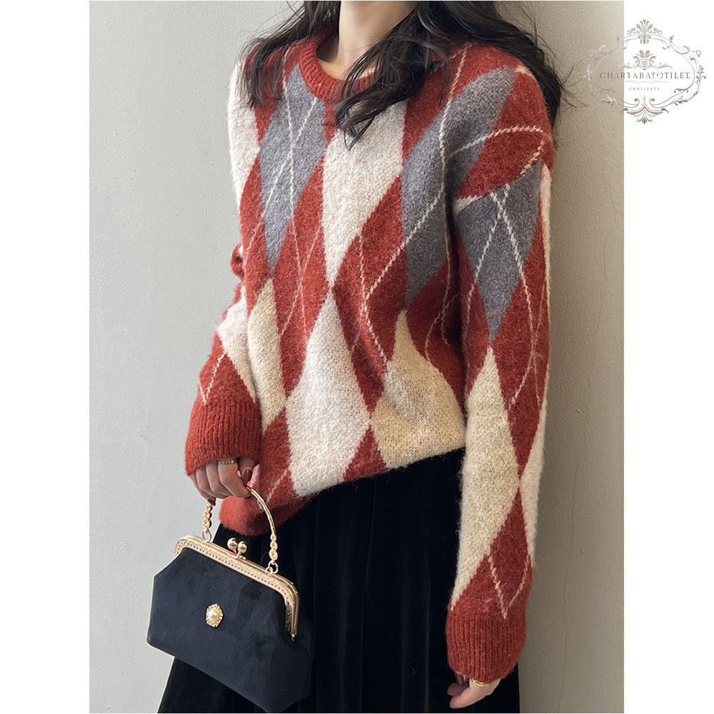 French festive New Year atmosphere sweater winter rhombus round neck knitted top [CHSW71]