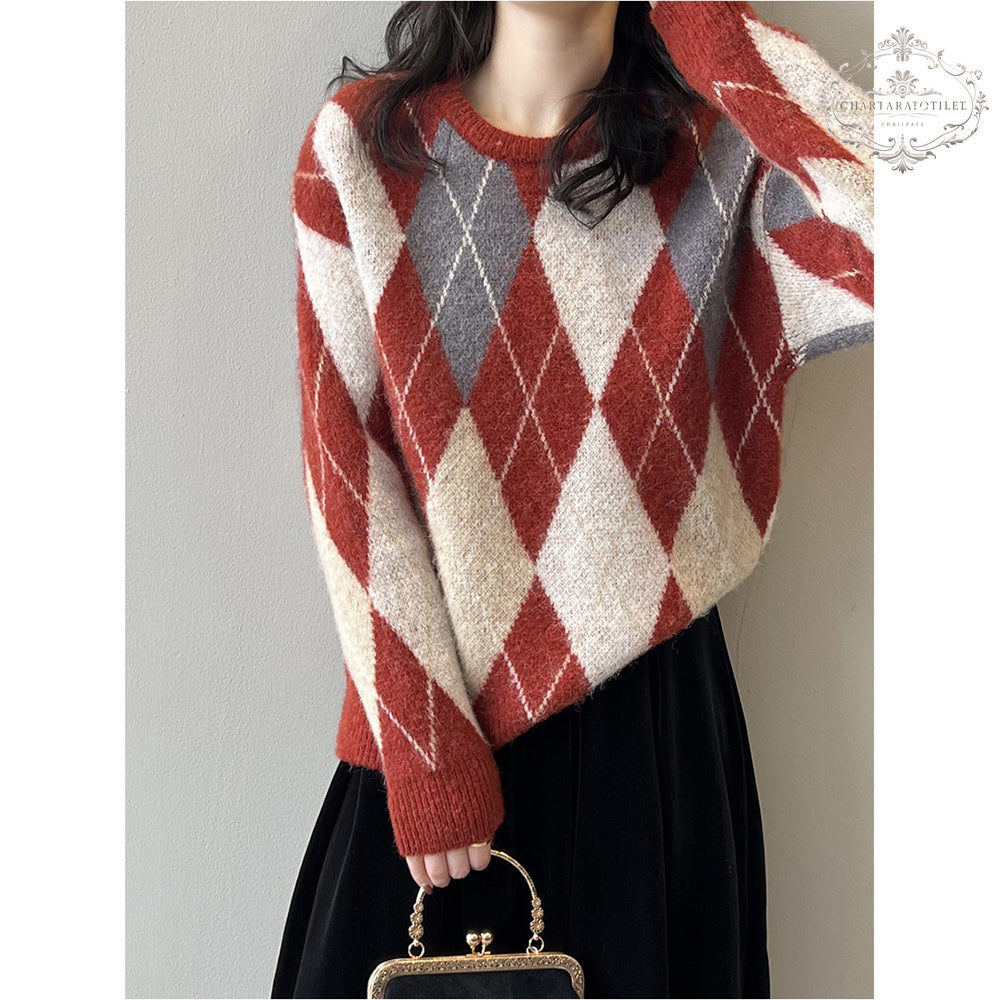 French festive New Year atmosphere sweater winter rhombus round neck knitted top [CHSW71]