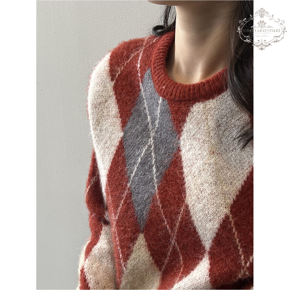 French festive New Year atmosphere sweater winter rhombus round neck knitted top [CHSW71]