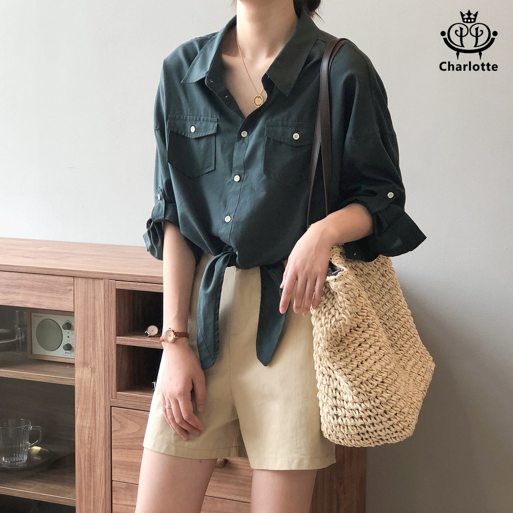 French retro solid color lace-up shirt, long-sleeved shirt, versatile casual shirt [CHSH42]