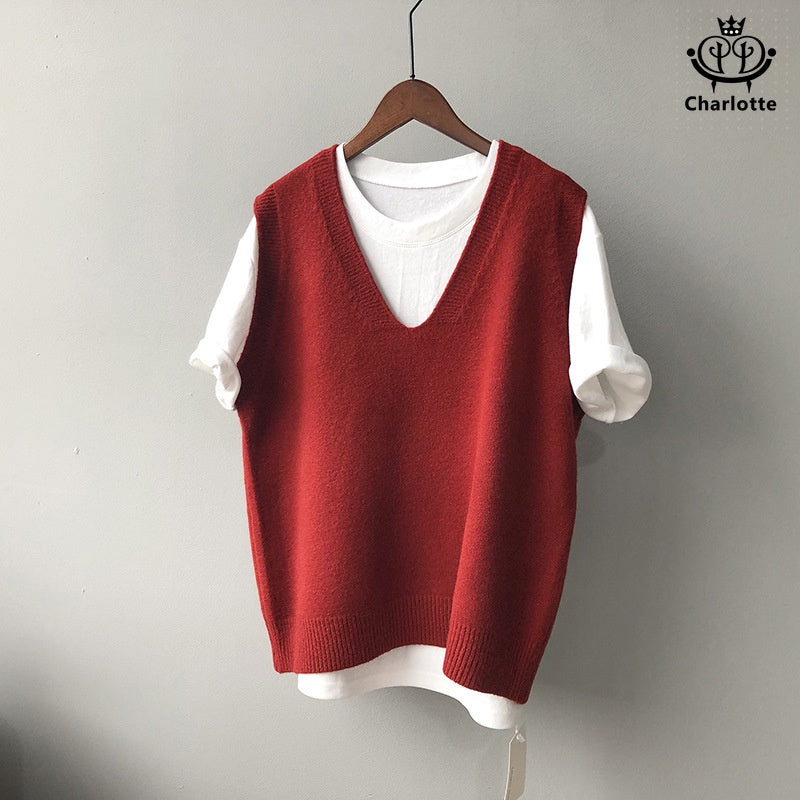 French preppy style V-neck vest knitted vest sleeveless waistcoat vest [CHSW20]