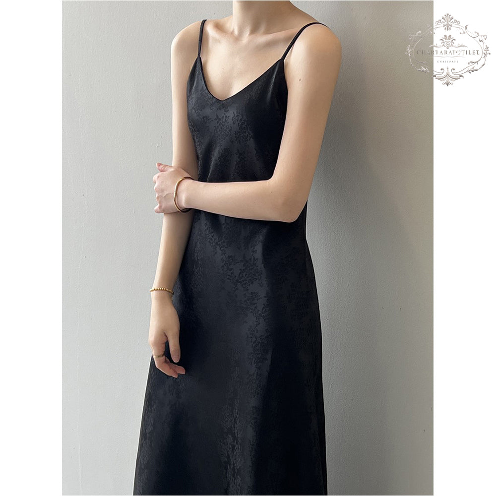 New palace style jacquard V-neck suspender dress spring and summer satin drape long skirt [CHSK139]