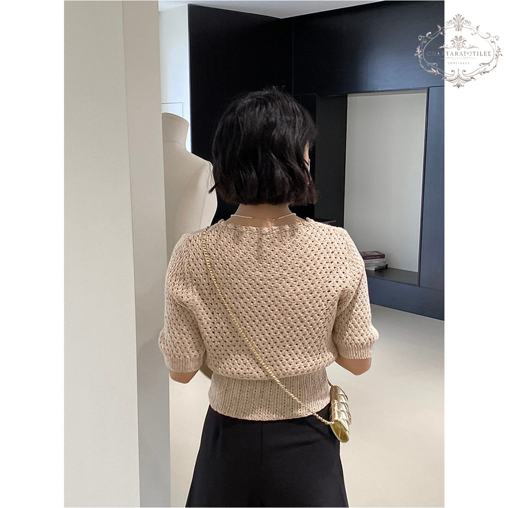 Korean generation handmade lace collar hollow short-sleeved thin sweater V-neck slimming design [CHSW74]