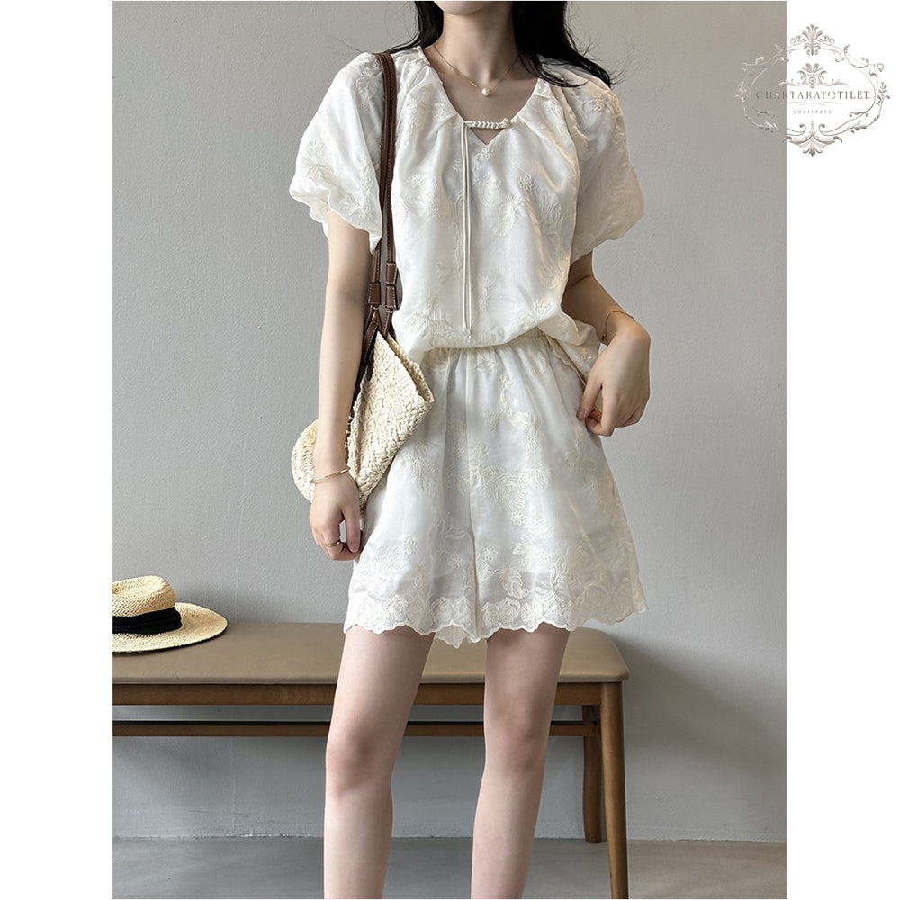 Baroque embroidered puff sleeves V-neck short-sleeved suit short-sleeved palace style Tencel top + shorts two-piece suit Lyocell Tencel suit [CHSH119]