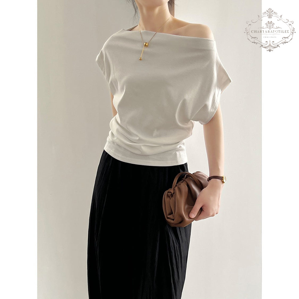 French one-piece collar, off-shoulder short-sleeved T-shirt, exquisite cotton threaded short-sleeved top [CHT26]