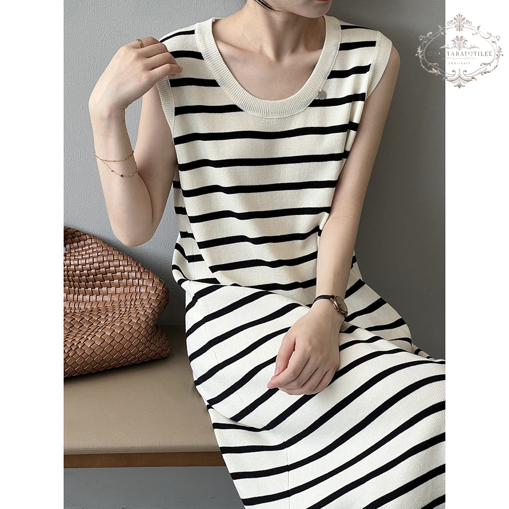 French ice silk sleeveless striped vest dress, elegant and simple style CHSK145