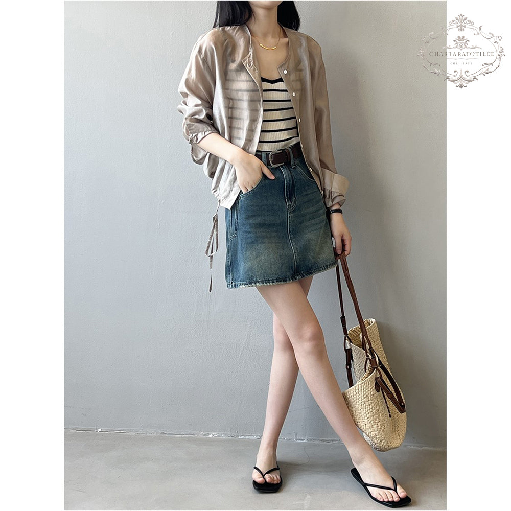 Korean drawstring design Tencel shirt metallic cold strap Tencel top [CHSH117]