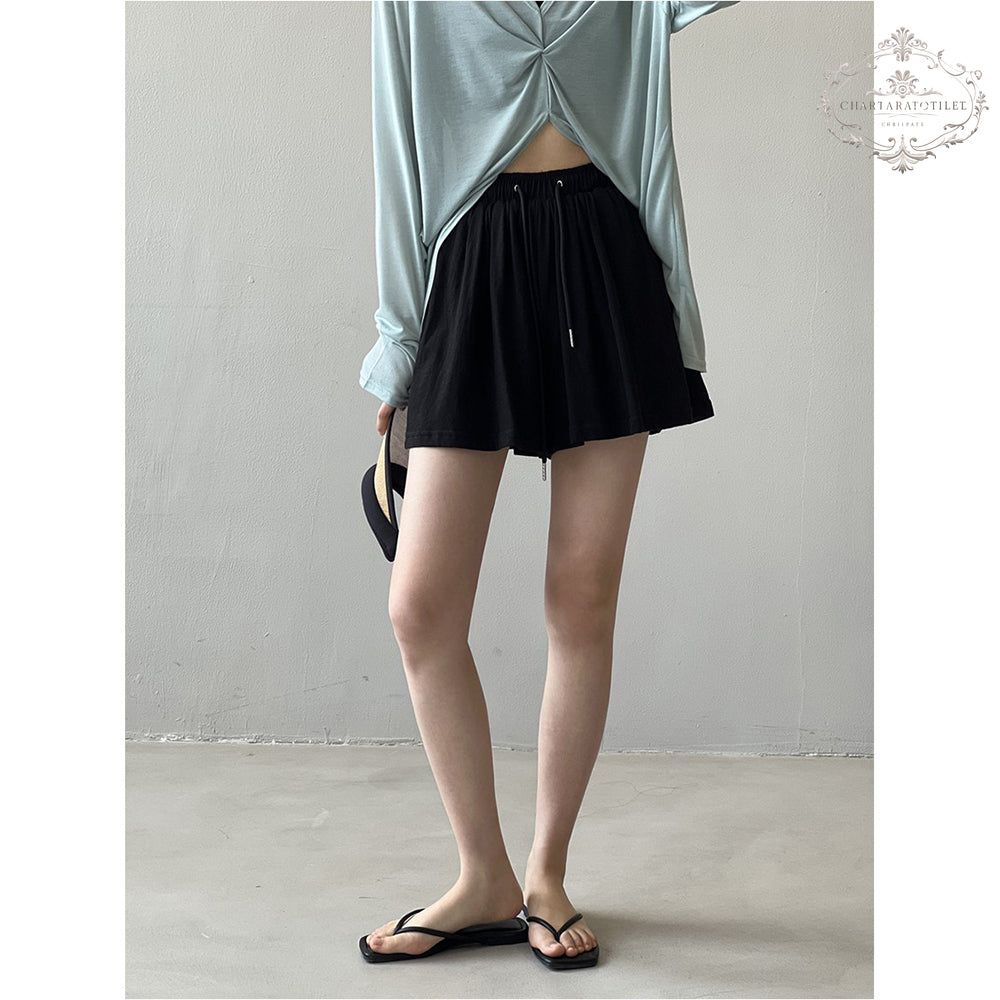 Cool summer retro simple drawstring shorts A-line hem loose shorts [CHOR10]