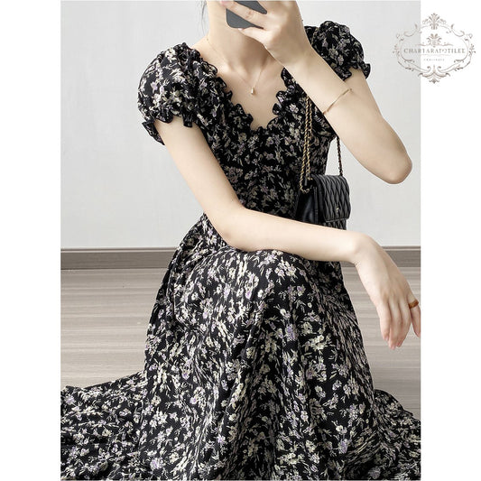 French style back garden tea break floral dress V-neck spring design waist dress [CHSK131]